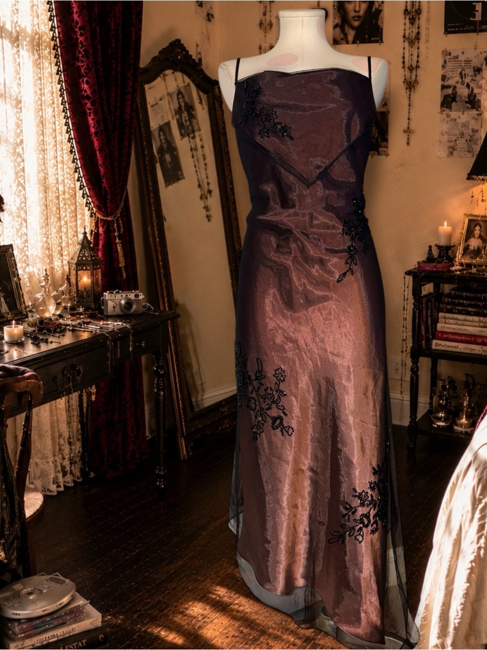 Night Way Collections Vintage Black Mesh Plum Ombre Asymmetrical Beaded Dress
